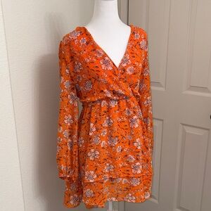 Vibrant Orange Floral Long Sleeve Dress